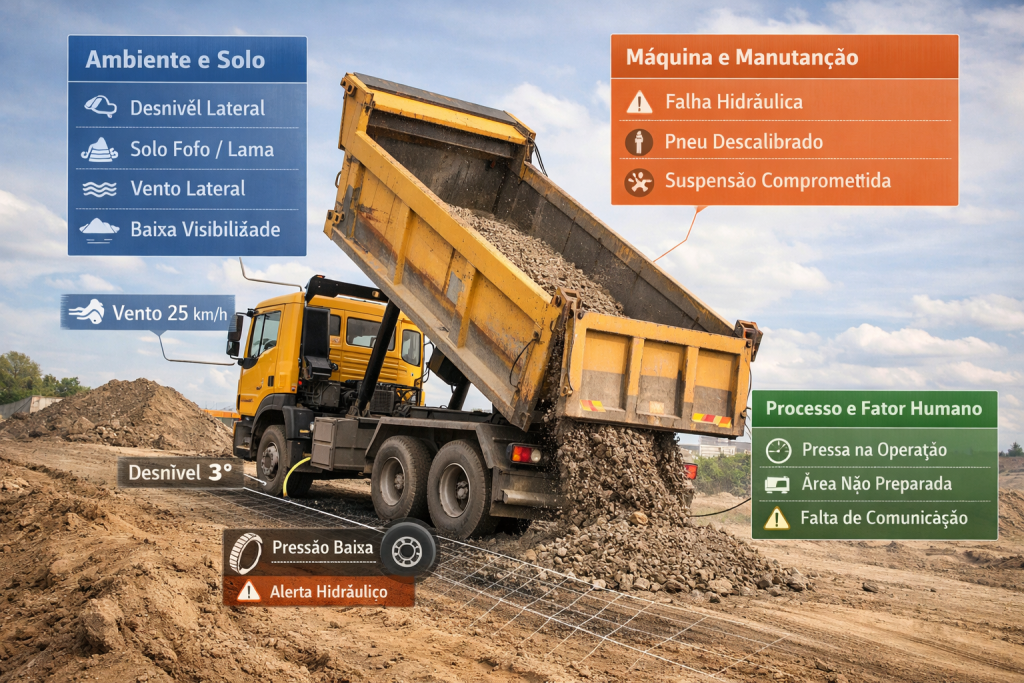 A imagem exibe todos os indicadores para prevenção de tombamento em caminhões basculantes.