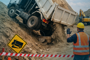 Caminhão basculante em basculamento com indicação de inclinação lateral e foco na prevenção de tombamento