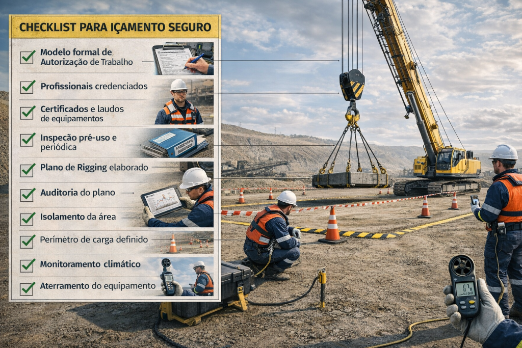 Checklist técnico de controles obrigatórios para içamento de cargas na mineração, incluindo plano de rigging, isolamento de área, estabilização do equipamento e verificação de acessórios.