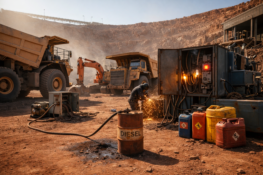 Operador realizando solda industrial com emissão de ATQ como medida de prevenção e combate a incêndios na mineração em área controlada.