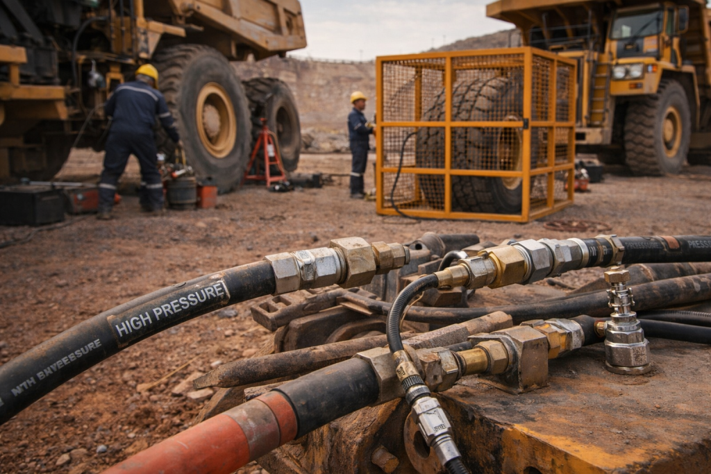 Enchimento de pneu fora de estrada em gaiola de segurança como medida preventiva em sistemas pressurizados na mineração.