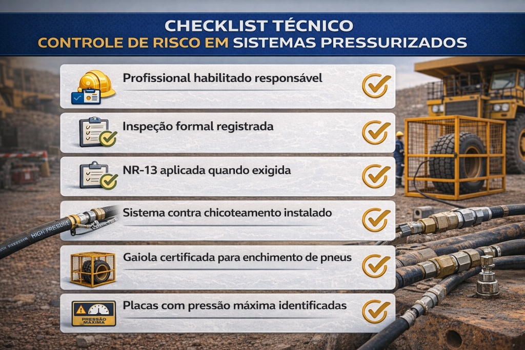 Inspeção técnica em mangueira hidráulica e manômetro como parte do controle de sistemas pressurizados na mineração.