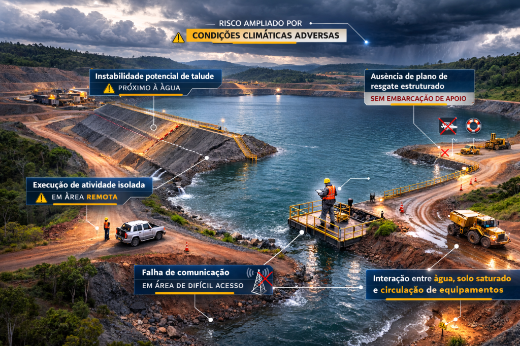 Infográfico técnico explicando por que o trabalho próximo à água na mineração é considerado risco crítico, destacando afogamento, instabilidade de taludes e falhas no plano de resgate.