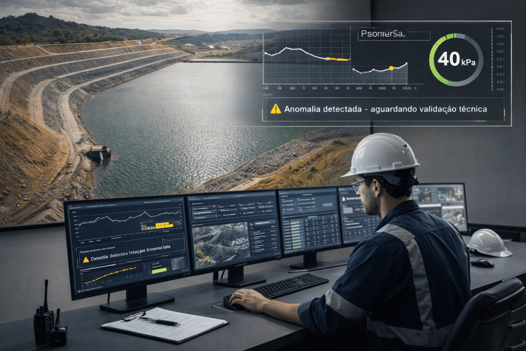 Dashboard técnico com alertas e séries temporais para monitoramento contínuo de barragens e estruturas em mineração