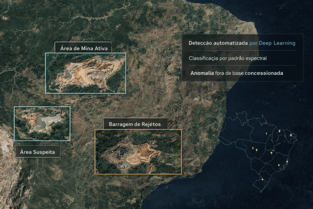 Imagem de satélite com detecção automática de áreas de mineração e barragens usando deep learning
