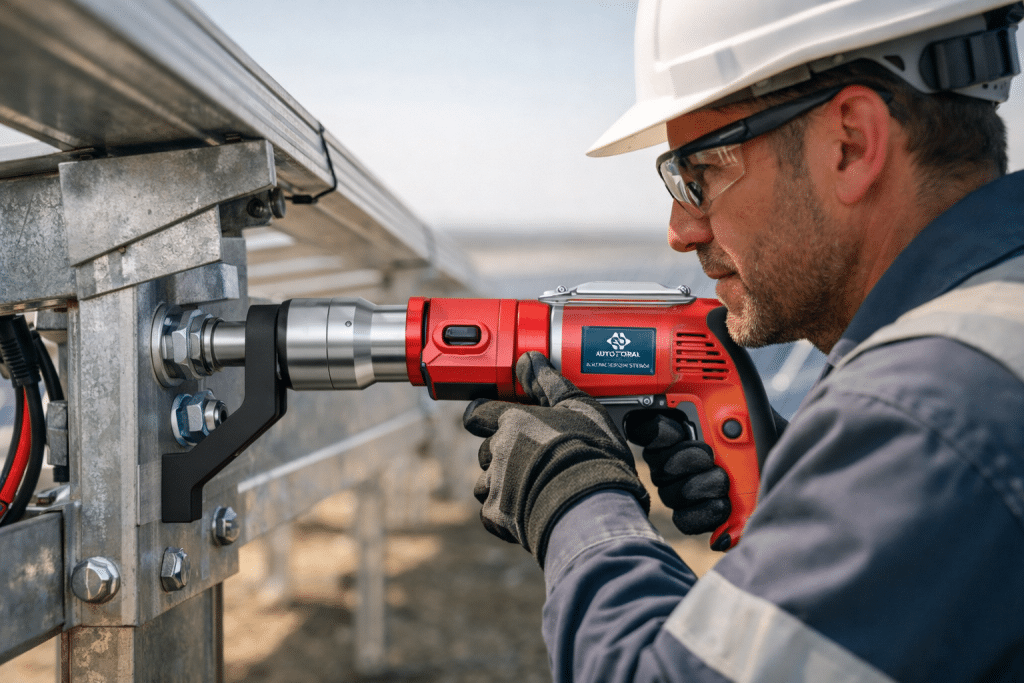 Torqueadeira para usina solar aplicada em estrutura metálica de usina solar utility scale.