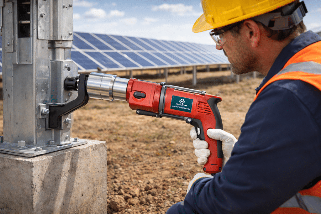 Torqueadeira elétrica industrial com visor digital aplicada em fixação estrutural.