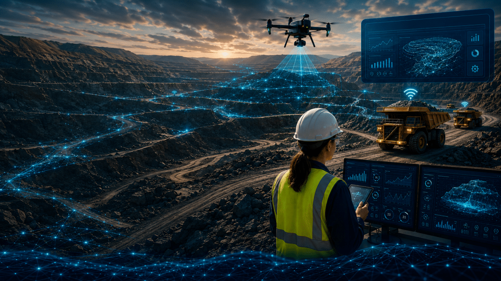 Mineração 4.0 com drone, caminhões conectados e operador monitorando dados digitais em mina a céu aberto.