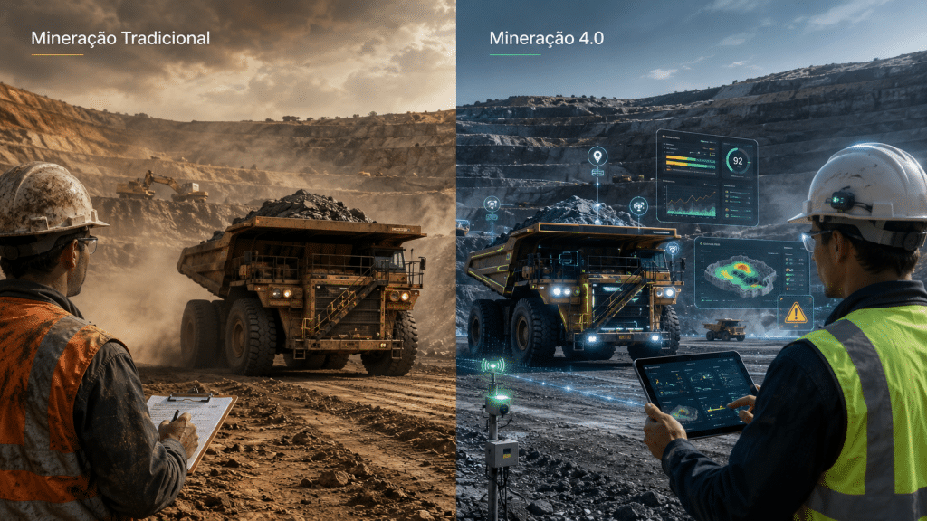 Comparação entre mineração tradicional e mineração 4.0, mostrando operação manual de mina e operação conectada com dados, sensores e monitoramento digital.