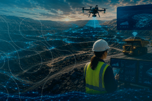 Capa sobre mineração 4.0 com drone, operador em mina, caminhão conectado e painéis digitais de monitoramento.