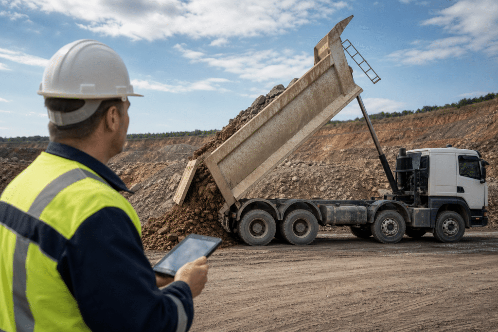 Caminhão com inclinometro digital para basculante descarregando em área de mineração sob monitoramento técnico da inclinação da caçamba.