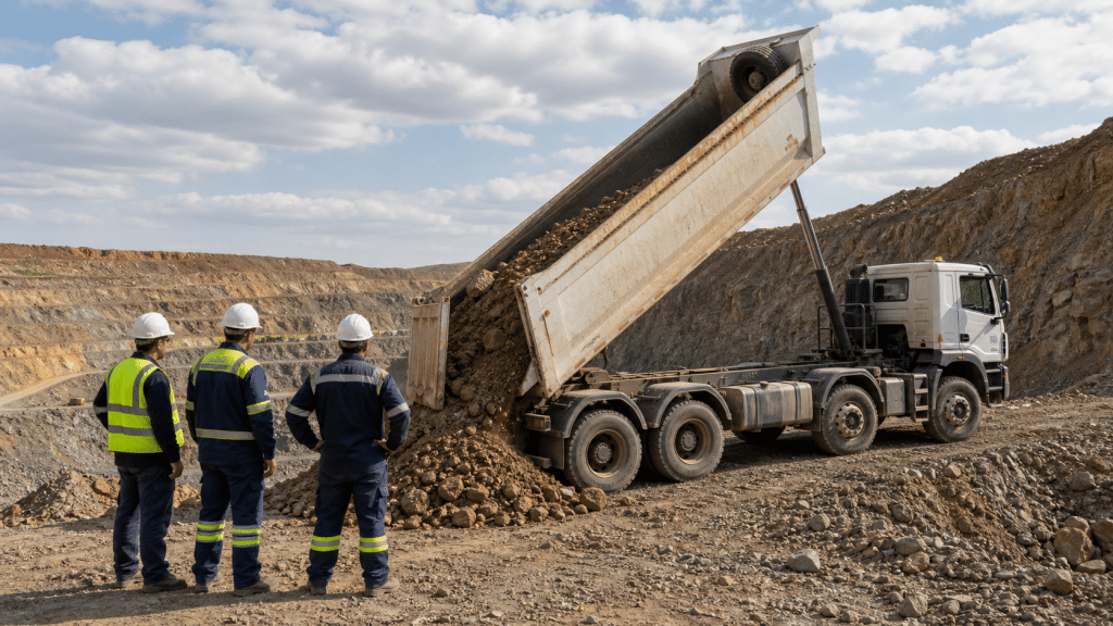 Equipe técnica observando caminhão basculante em operação de campo com foco na estabilidade da descarga.
