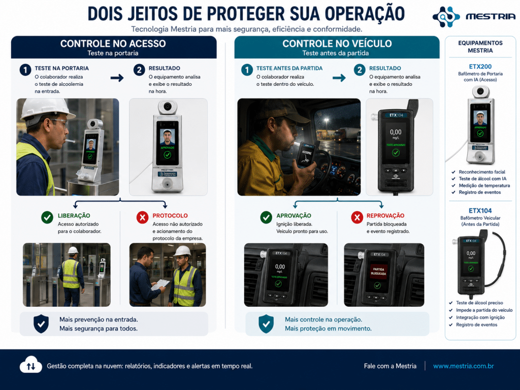 Arte expositiva sobre soluções da Mestria Automação no controle de alcoolemia de colaboradores em operações críticas.