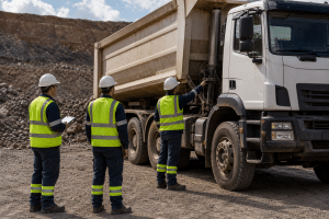 Equipe técnica ao lado de caminhão basculante realizando checagem pré-operacional em área de mineração. - CONTRAN 859/2021 e segurança no basculamento.