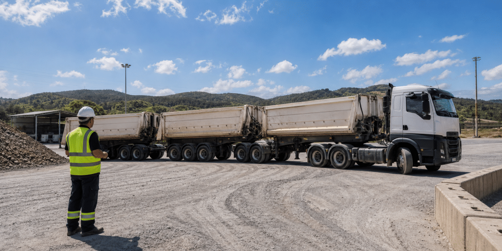 Composição pesada articulada realizando manobra em área industrial com apoio visual externo e foco em segurança.