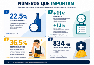 Infográfico com quatro números e respectivos recortes: 22,5% (pesquisa AAC sobre consumo no expediente); +11% e +13% (associação com jornadas longas); 36,5% (ressaca em amostra do setor de alimentação); 834 mil acidentes de trabalho no Brasil em 2024. Inserir rodapé: 'Os estudos têm populações e metodologias distintas'.