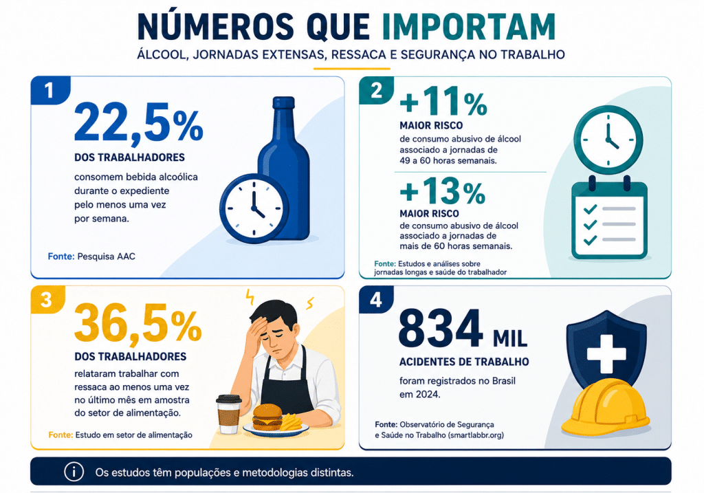 Infográfico com quatro números e respectivos recortes: 22,5% (pesquisa AAC sobre consumo no expediente); +11% e +13% (associação com jornadas longas); 36,5% (ressaca em amostra do setor de alimentação); 834 mil acidentes de trabalho no Brasil em 2024. Inserir rodapé: 'Os estudos têm populações e metodologias distintas'.